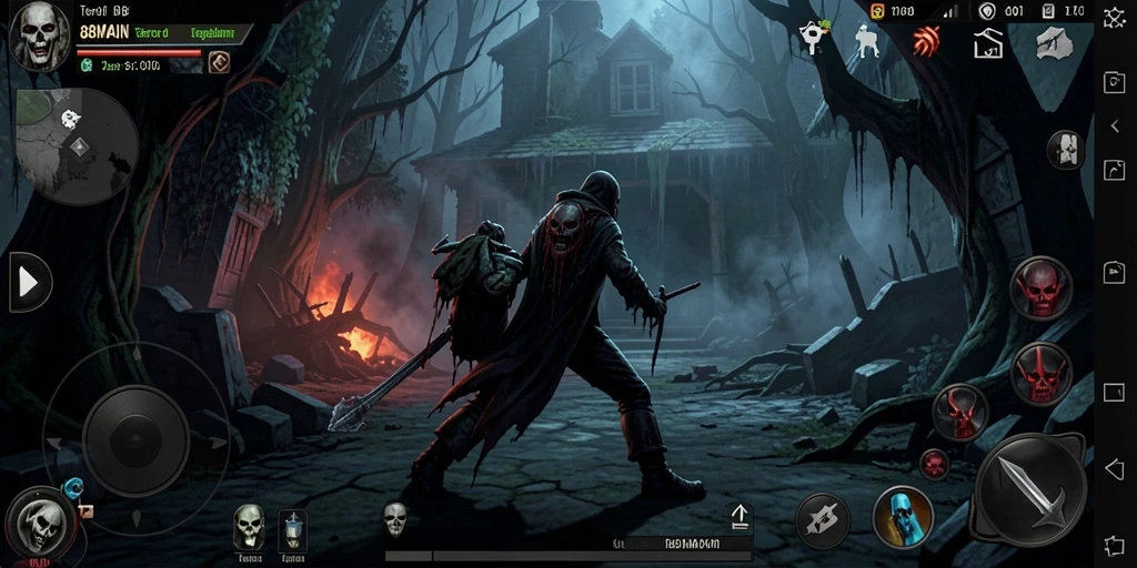 Tampilan gameplay 88MAIN yang mencekam menampilkan suasana horor yang menakutkan.