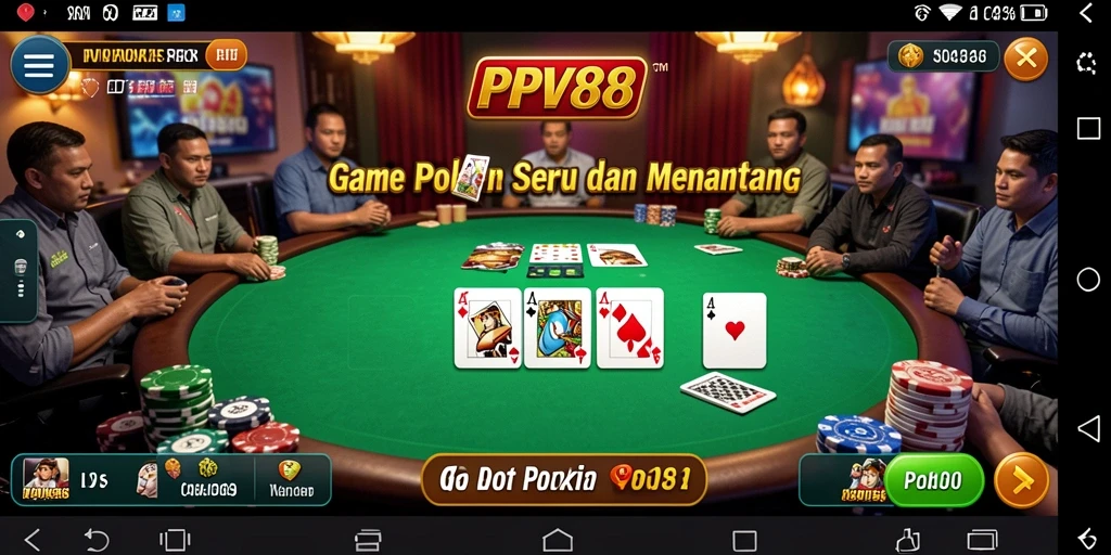 Tampilan gameplay utama PPV88 menampilkan kartu dan meja poker yang menarik.