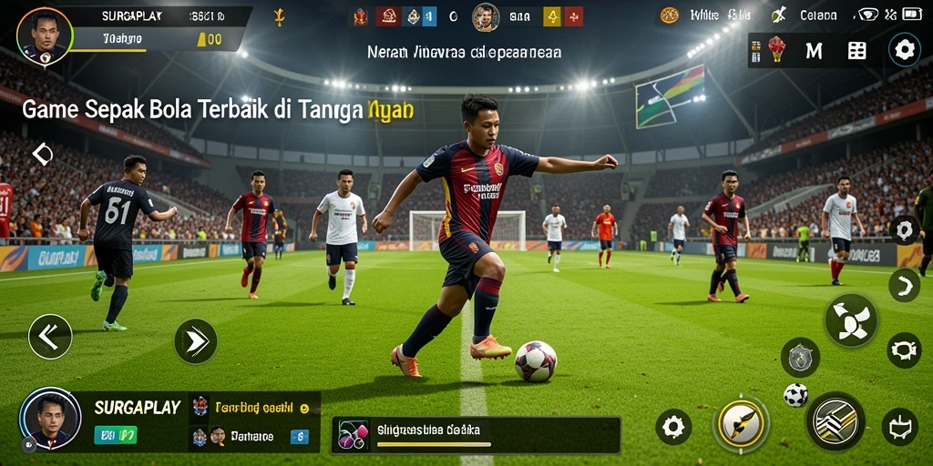 Tampilan gameplay SURGAPLAY menampilkan aksi seru di lapangan sepak bola.