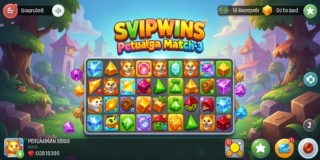Screenshot gameplay <strong>SVIPWINS</strong> menampilkan aksi mencocokkan gem yang seru.